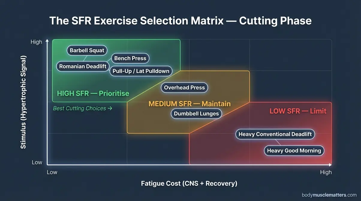 SFR stimulus to fatigue ratio exercise selection matrix for cutting phase showing eight exercises ranked