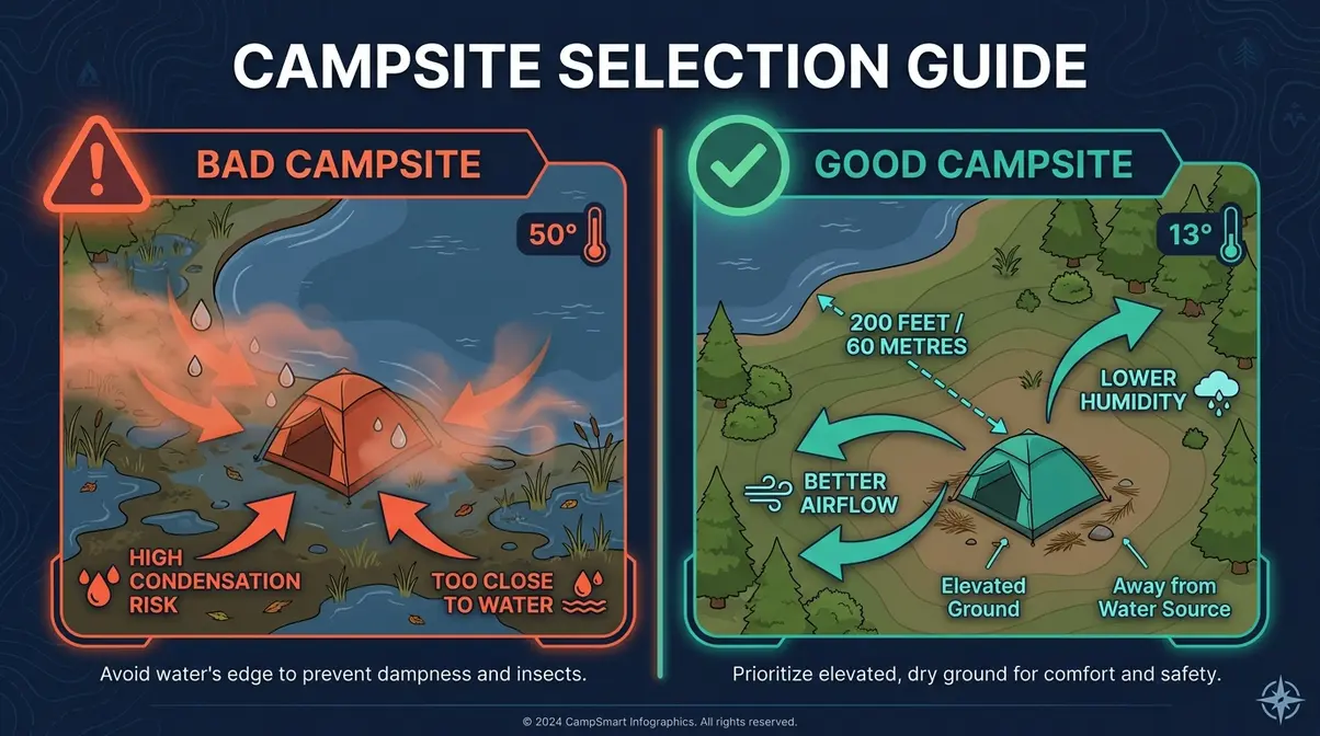 Side-by-side diagram comparing a tent too close to a lake versus one pitched 200 feet away on elevated ground
