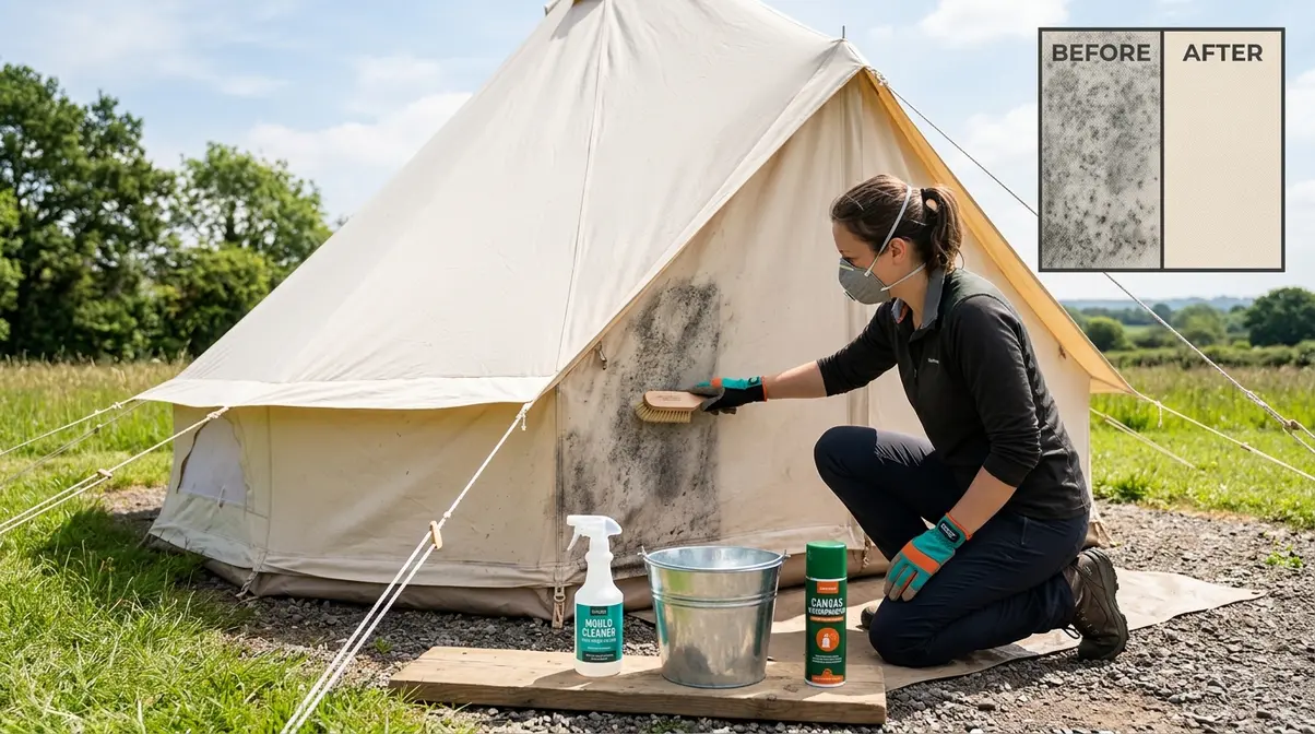 Camper in gloves removing mould from canvas tent with soft brush and white vinegar cleaning solution outdoors