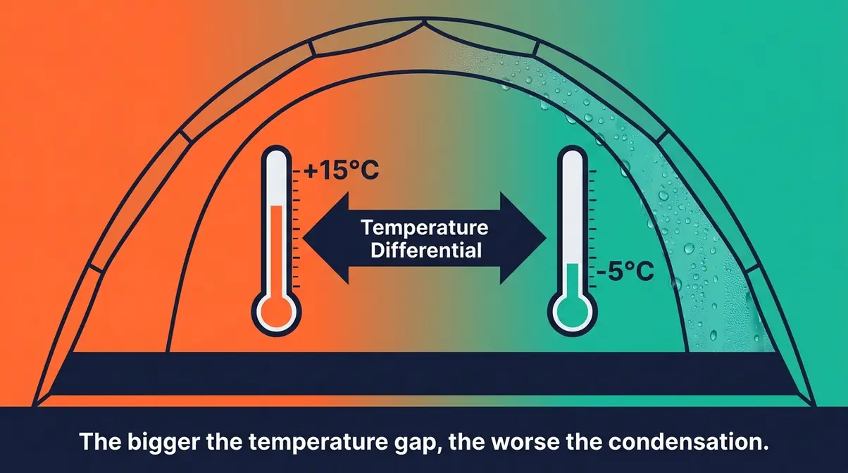 Illustration showing temperature differential between warm tent interior and cold exterior causing condensation in winter