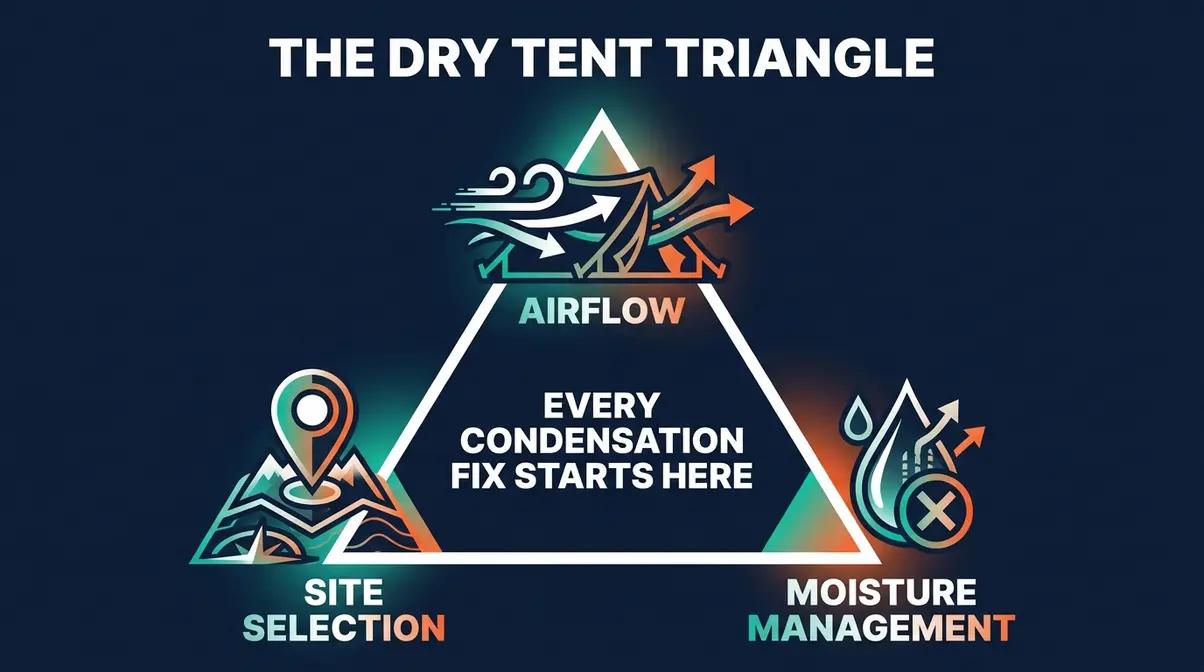 Triangular infographic showing the three pillars of tent condensation prevention: Airflow, Site Selection, and Moisture Management