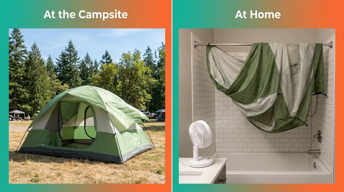 Tent rainfly being dried at campsite over poles and at home over a shower rod after camping trip