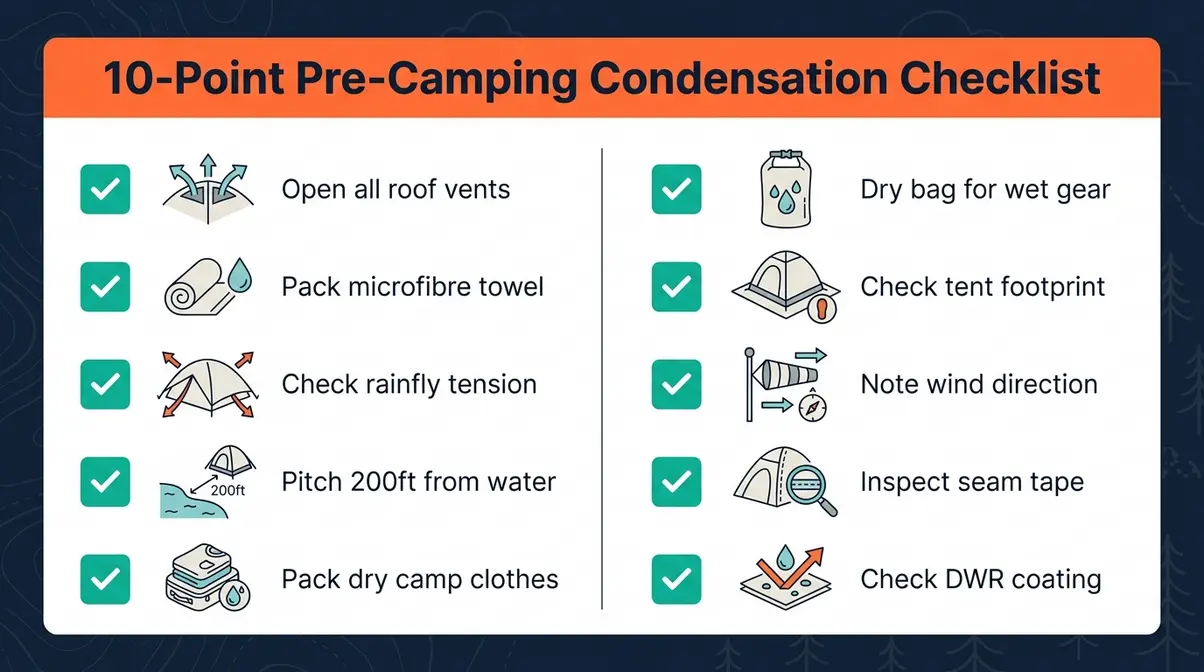 Illustrated 10-point pre-camping checklist for preventing tent condensation before every trip