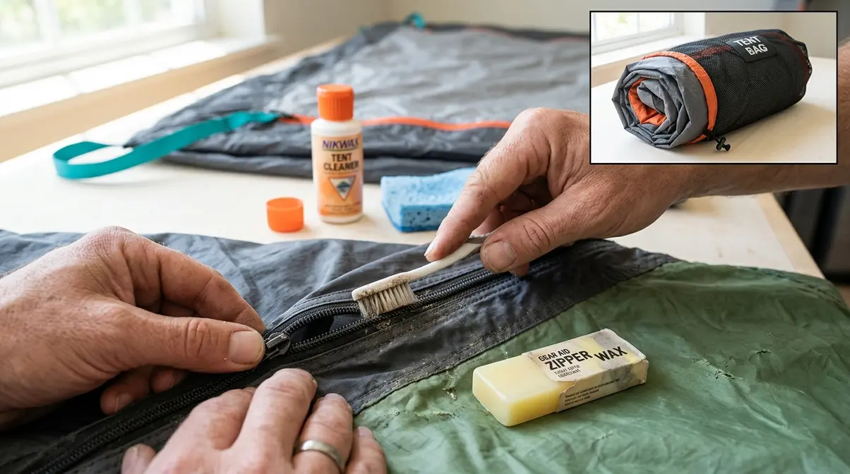 Camper cleaning tent zipper with toothbrush and wax lubricant as part of regular tent maintenance routine