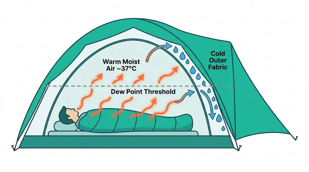Diagram showing warm moist breath hitting cold tent fabric and forming condensation droplets at the dew point