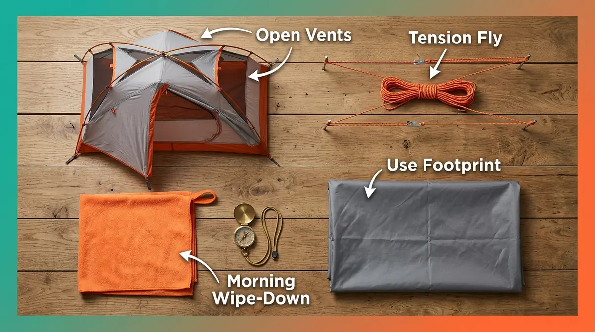Camping gear laid out showing seven key strategies to prevent tent condensation including vents and footprint