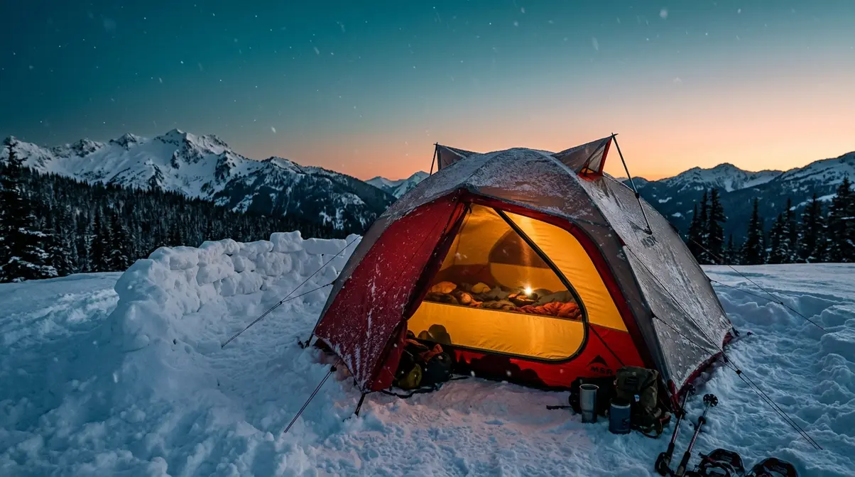 Four-season tent in snowy winter campsite with open roof vents preventing condensation buildup inside
