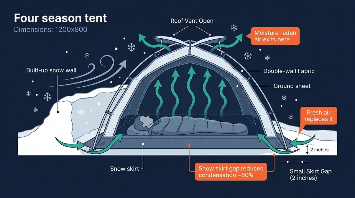 Diagram showing airflow through a four-season tent with open roof vents and a small snow skirt gap reducing condensation