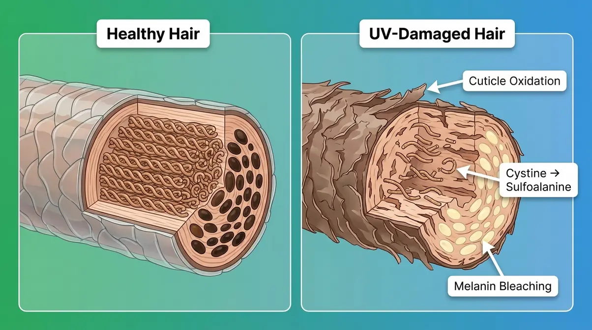 Diagram comparing healthy hair strand versus UV-damaged strand showing keratin degradation and melanin loss to illustrate how to protect hair from sun