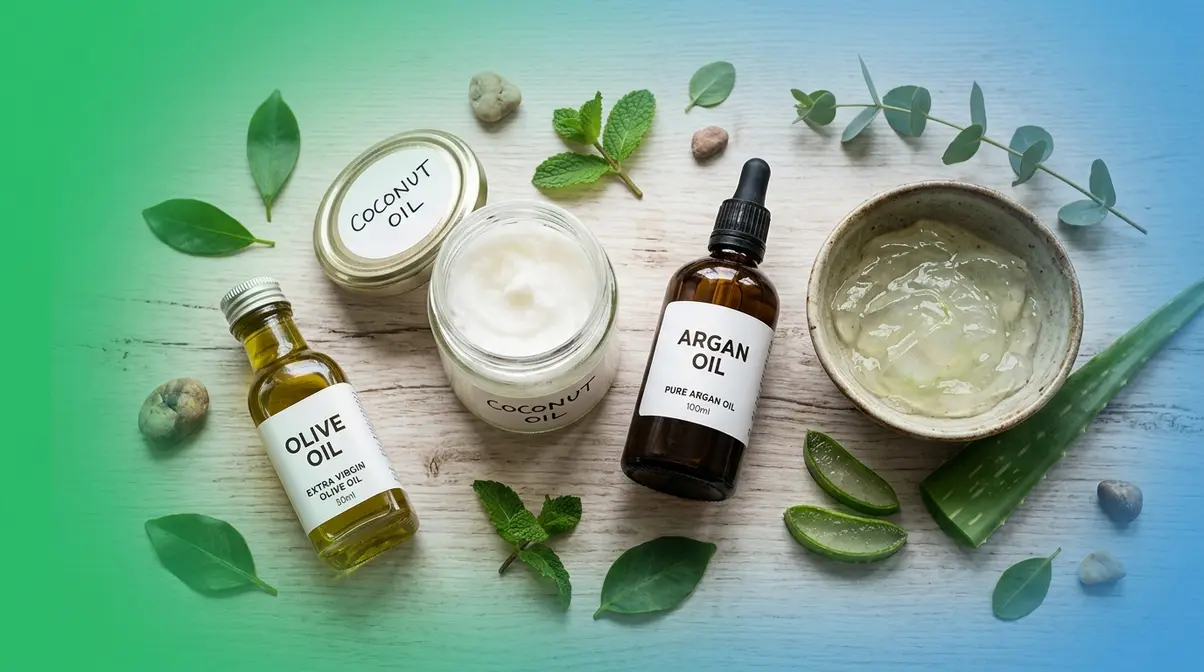 Coconut oil, argan oil, aloe vera, and olive oil arranged as natural DIY sun protection ingredients for hair