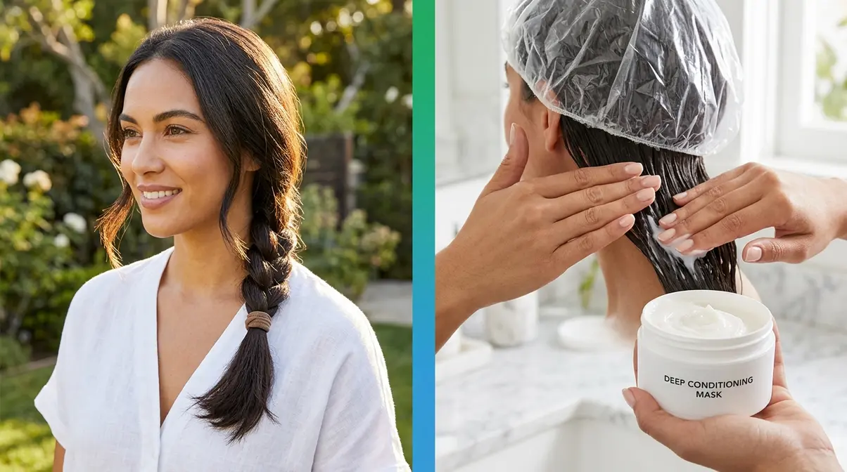 Woman wearing protective braid outdoors alongside deep conditioning mask application for sun season hair routine