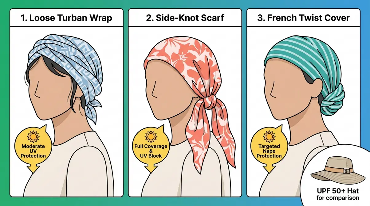 Three illustrated hairstyles showing how to tie a protective scarf to shield hair and scalp from UV rays