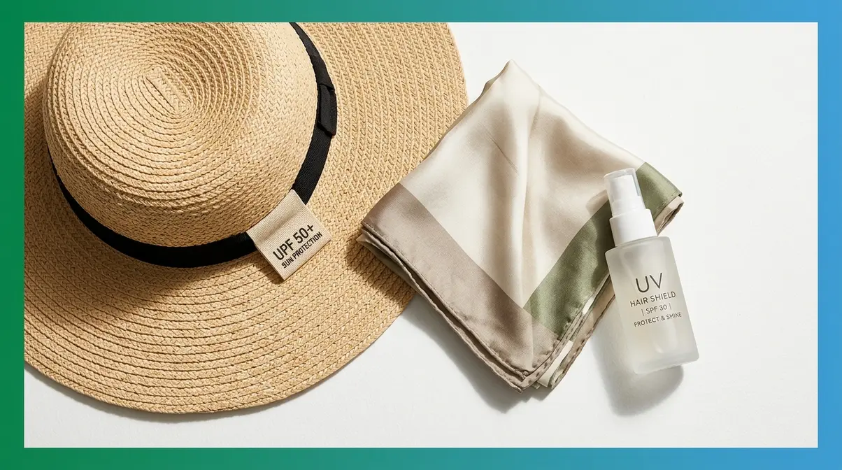Wide-brimmed UPF hat, silk scarf, and UV spray laid out as physical barriers to protect hair from sun