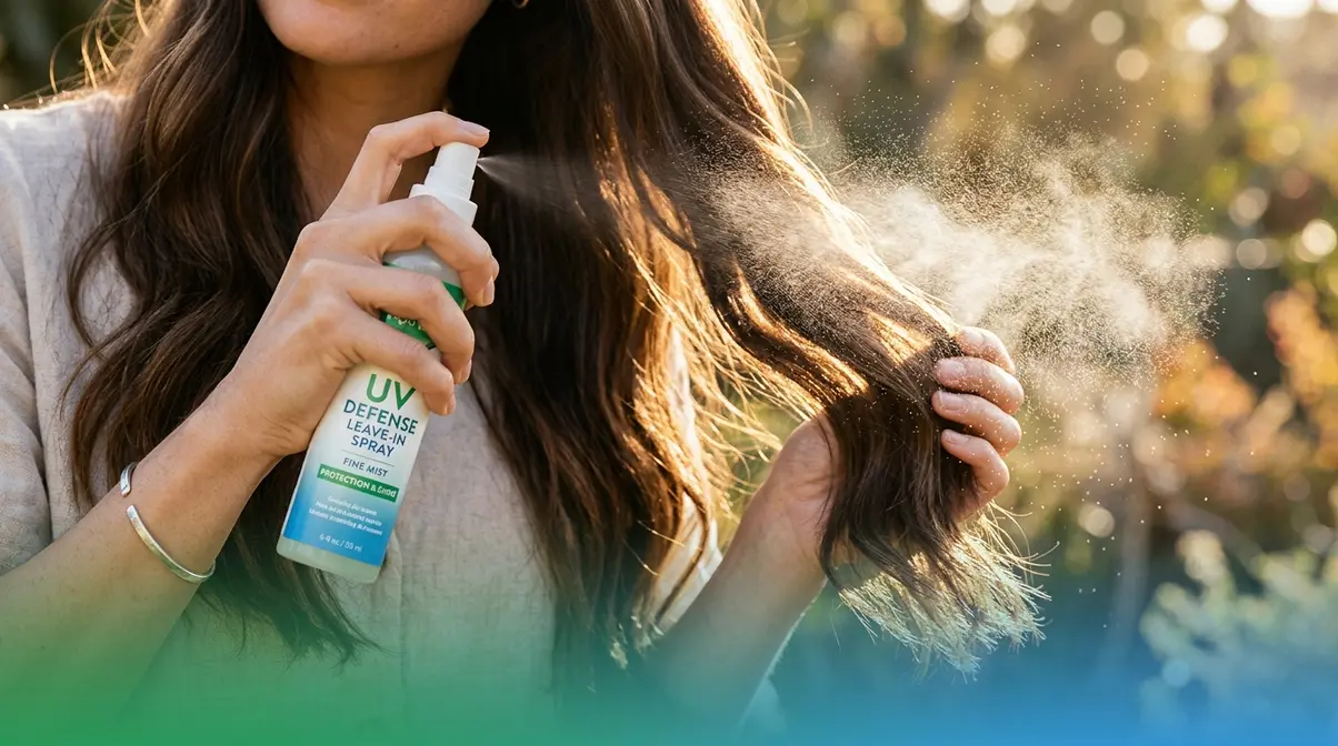 Hands applying UV protective leave-in hair spray to mid-lengths to protect hair from sun damage