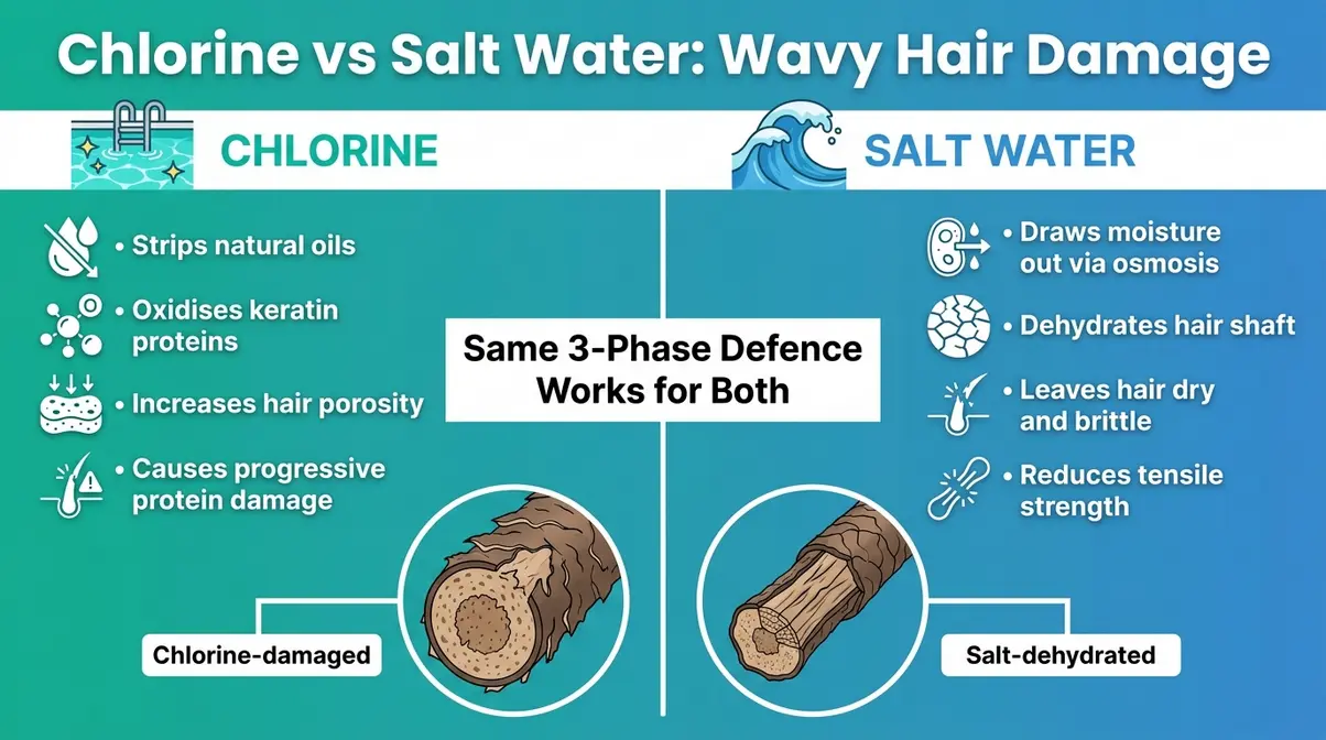 Comparison chart showing the different ways chlorine strips natural oils and salt water dehydrates wavy hair structure and porosity