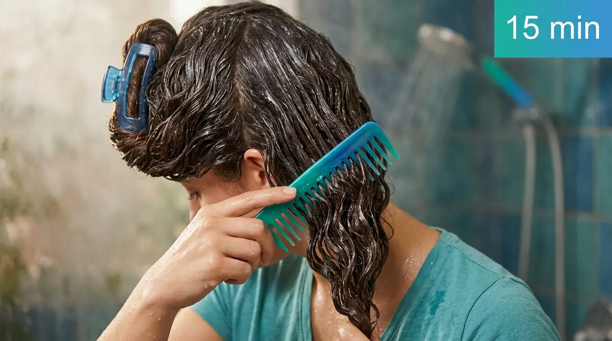 Wavy hair with deep conditioning mask applied being detangled gently with wide-tooth comb from ends to roots