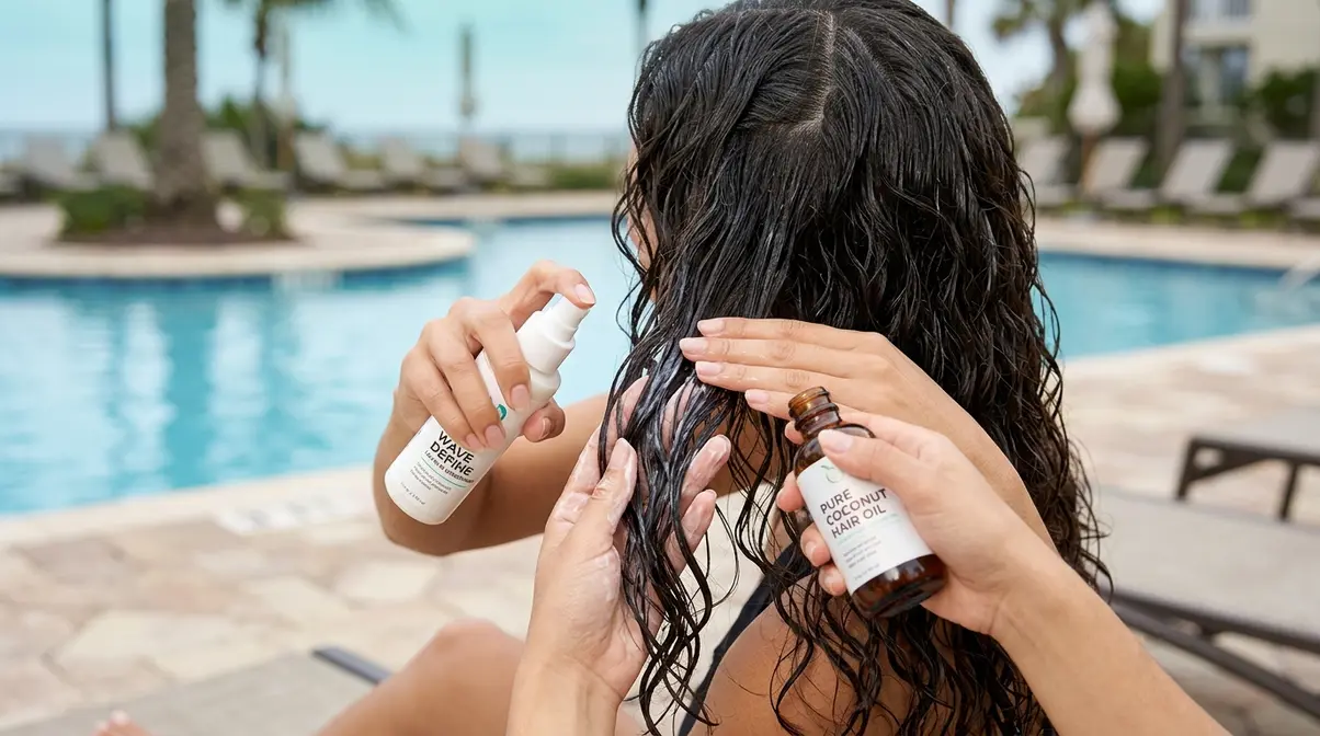 Hands applying dual-layer protective barrier of leave-in conditioner and coconut oil to wavy hair before swimming