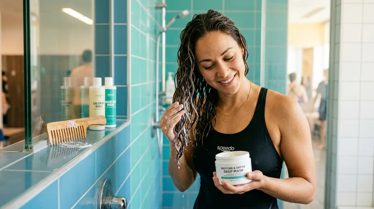 Woman applying deep conditioning mask to wet wavy hair after swimming as part of post-swim restoration routine