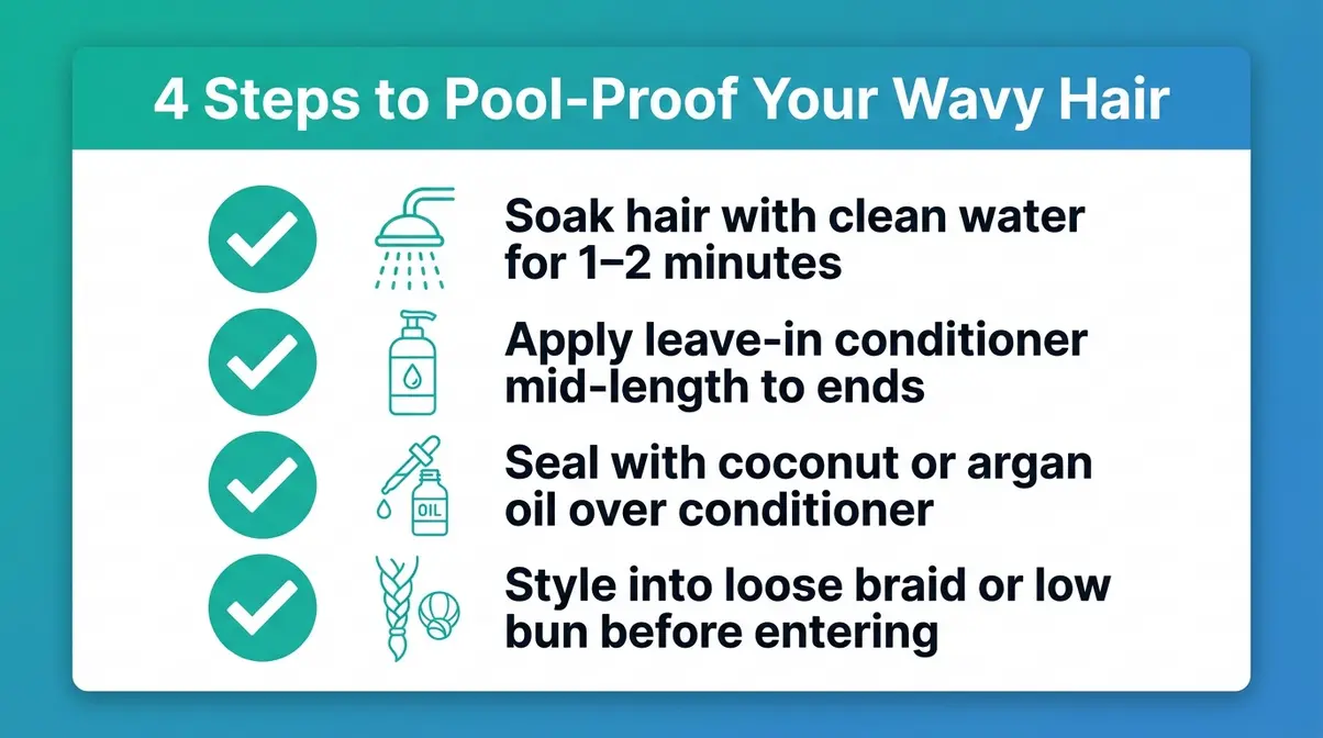 Step-by-step pre-swim wavy hair protection checklist showing barrier application and protective styling