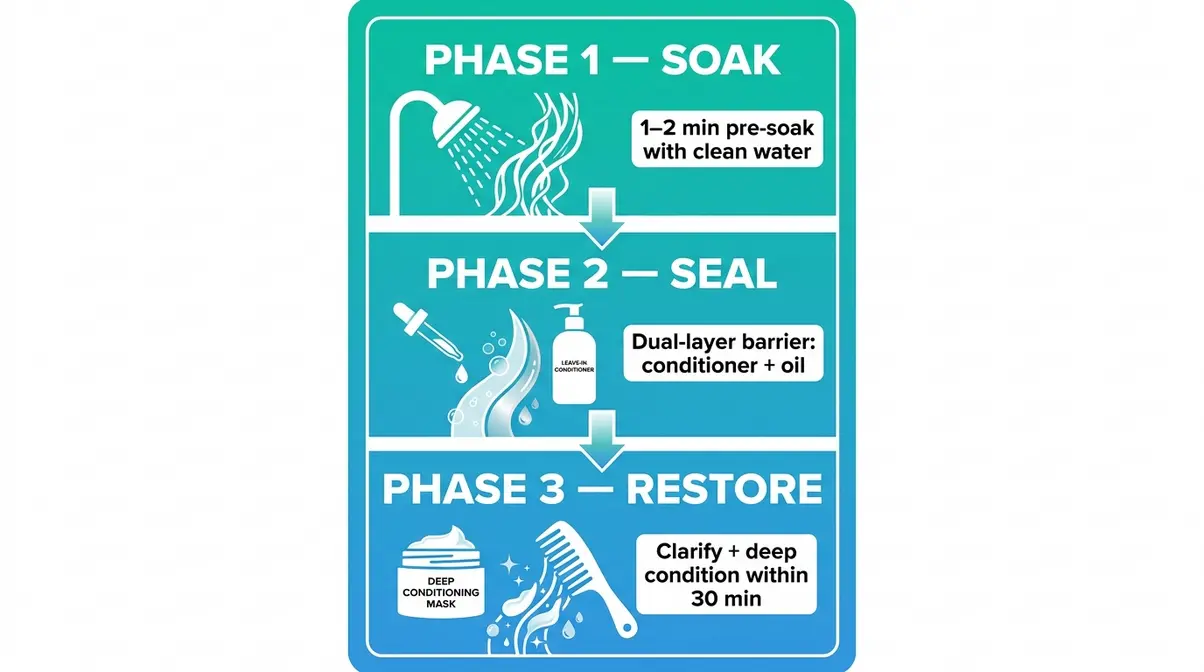 Infographic showing how to protect wavy hair when swimming using the three-phase soak-seal-restore method with pre-swim saturation, barrier, and post-swim restoration steps