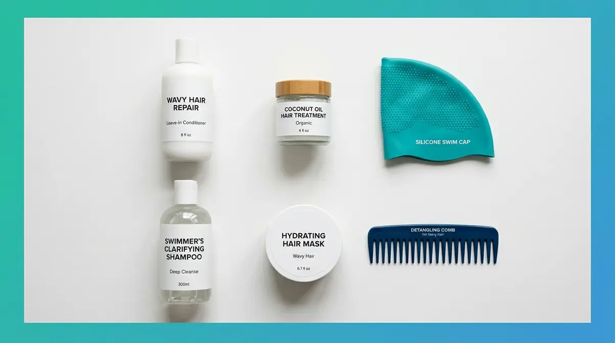 Flat lay of wavy hair swimming protection essentials including leave-in conditioner, coconut oil, silicone swim cap, and clarifying shampoo