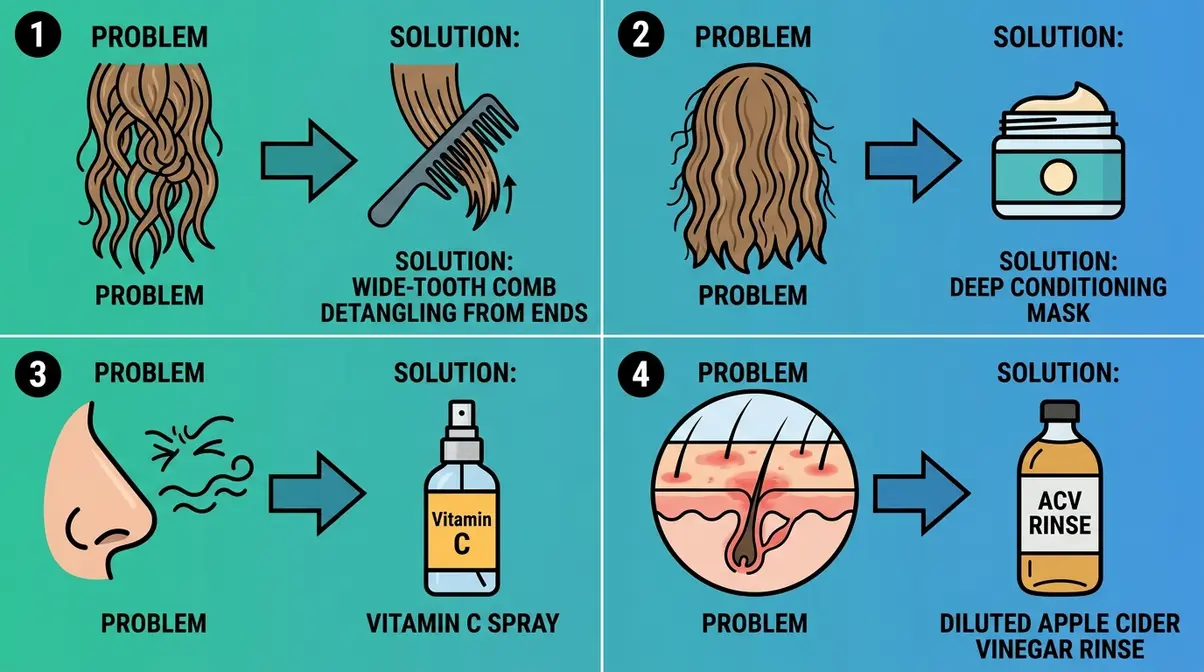 Four common wavy hair swimming problems shown with their solutions including detangling, deep conditioning, chlorine removal, and scalp care