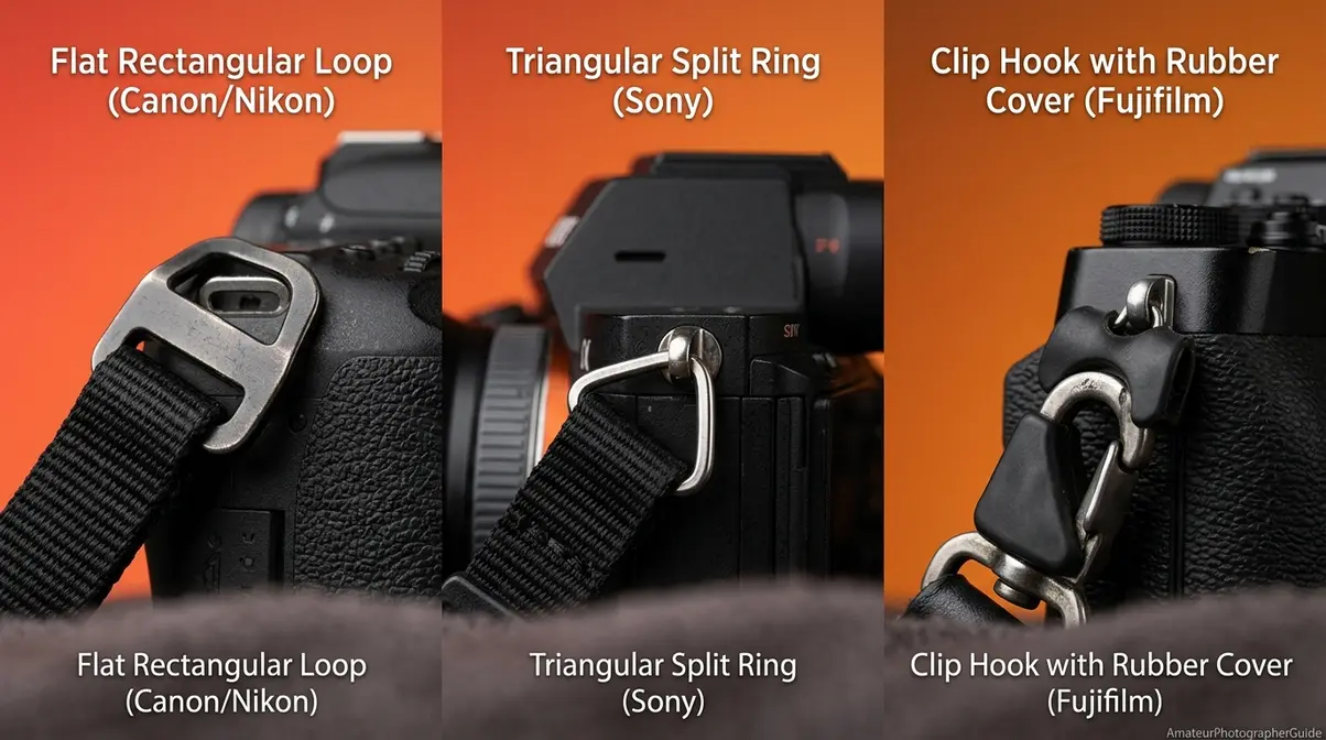 Comparison of different camera eyelet types including flat loops, split rings, and clip hooks