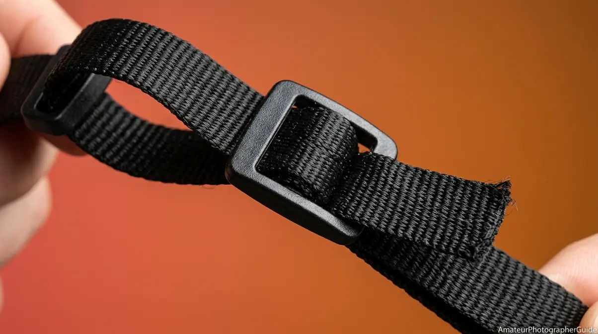 Close-up of routing the camera strap tail backwards through the buckle for maximum security