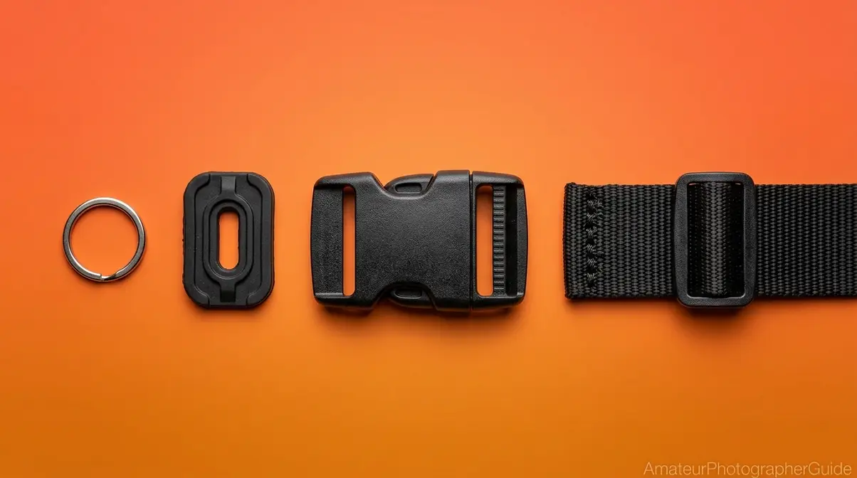 Four main components of a camera strap including eyelet, retainer piece, buckle, and tail