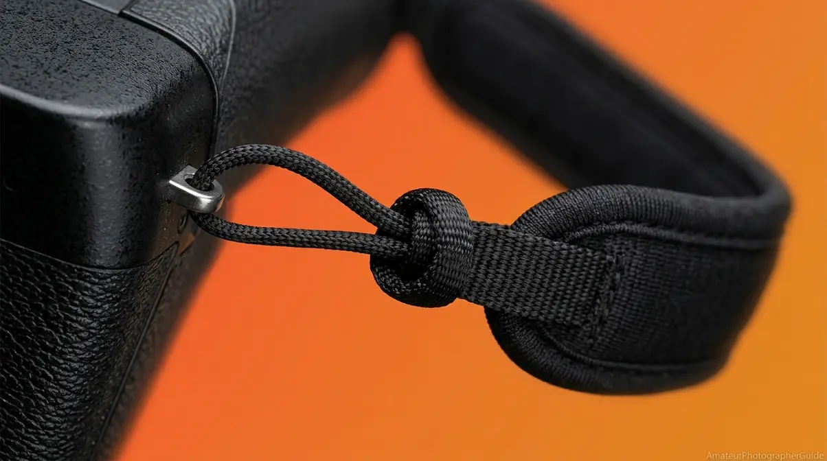 Attaching a camera wrist strap using a self-tightening cow hitch knot through the eyelet