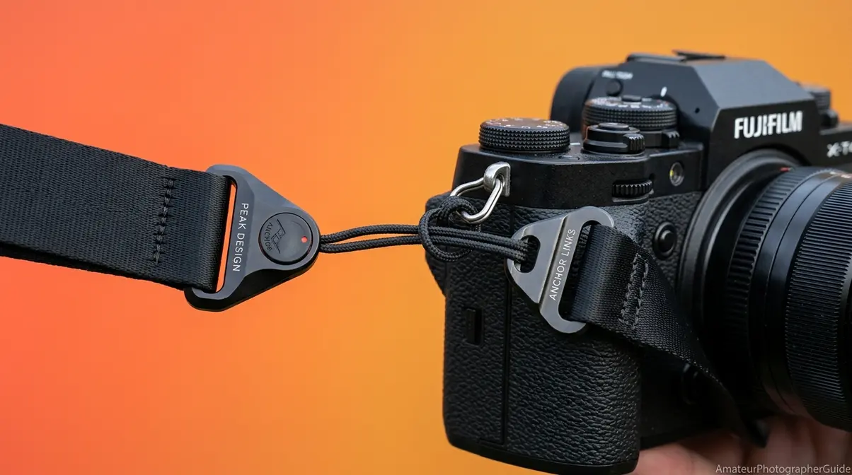 Quick release camera strap anchor attached to a camera eyelet for rapid detachment