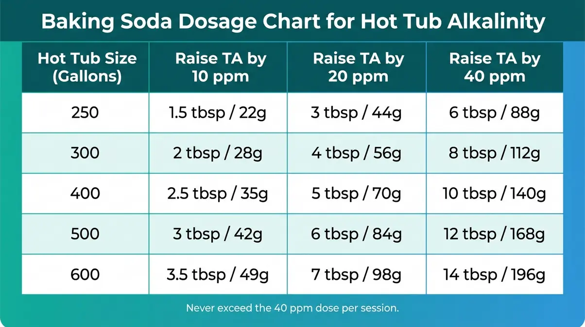 How to Raise Alkalinity in a Hot Tub: Fix It Fast 4 Hot tub alkalinity baking soda dosage chart by tub size from 250 to 600 gallons
