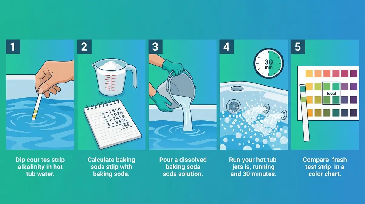 How to Raise Alkalinity in a Hot Tub: Fix It Fast 2 Five-step process illustration for raising hot tub alkalinity from testing to retesting with baking soda