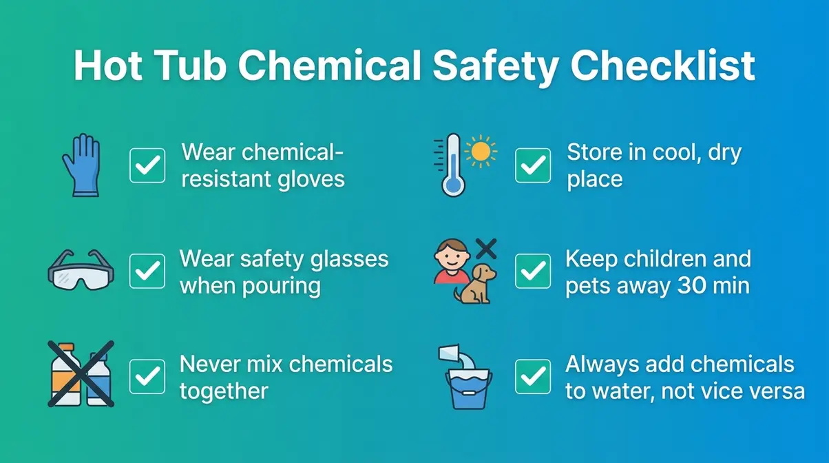 How to Raise Alkalinity in a Hot Tub: Fix It Fast 7 Hot tub chemical safety checklist showing six precautions for handling baking soda and other spa chemicals