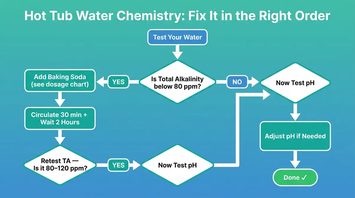 How to Raise Alkalinity in a Hot Tub: Fix It Fast 6 Hot tub alkalinity and pH troubleshooting flowchart showing correct order to test and adjust chemicals