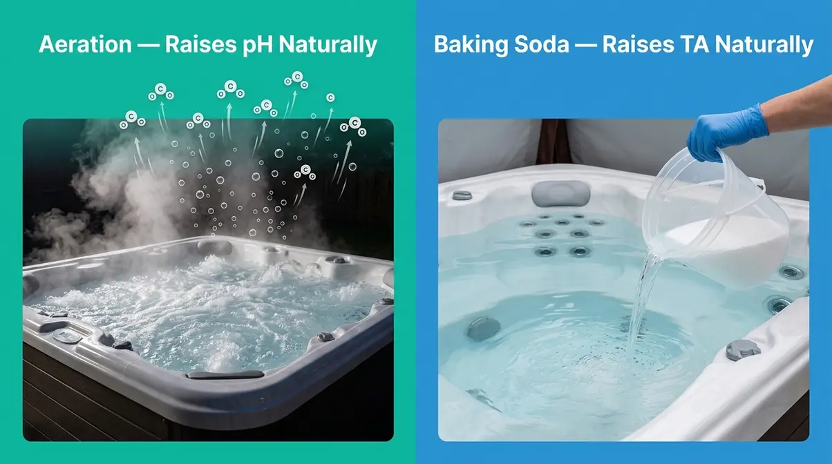 How to Raise Alkalinity in a Hot Tub: Fix It Fast 3 Split comparison of aeration versus baking soda as natural methods to raise hot tub alkalinity and pH