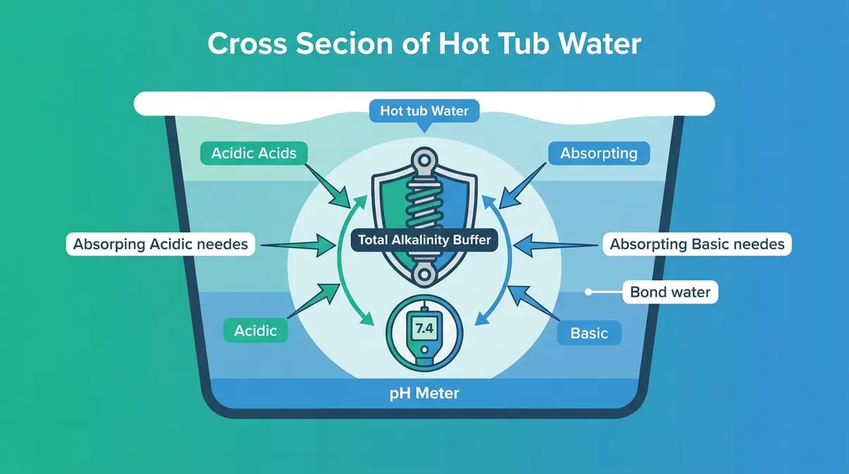 How to Raise Alkalinity in a Hot Tub: Fix It Fast 1 Diagram showing total alkalinity acting as a pH buffer shield in hot tub water chemistry