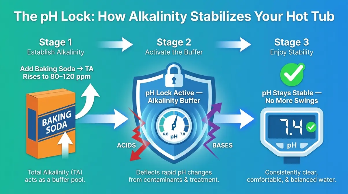 How to Raise Alkalinity in a Hot Tub: Fix It Fast 5 Diagram showing how hot tub alkalinity buffers pH to prevent swings using the pH Lock concept