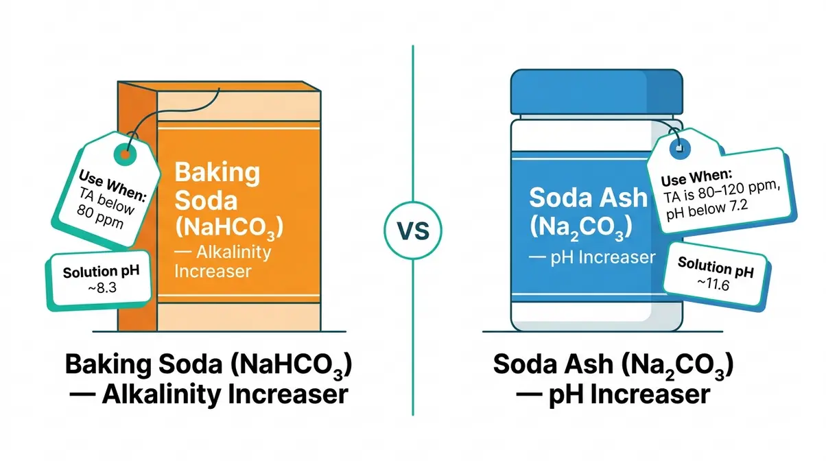 Baking soda versus soda ash comparison showing when to use each chemical to raise hot tub pH