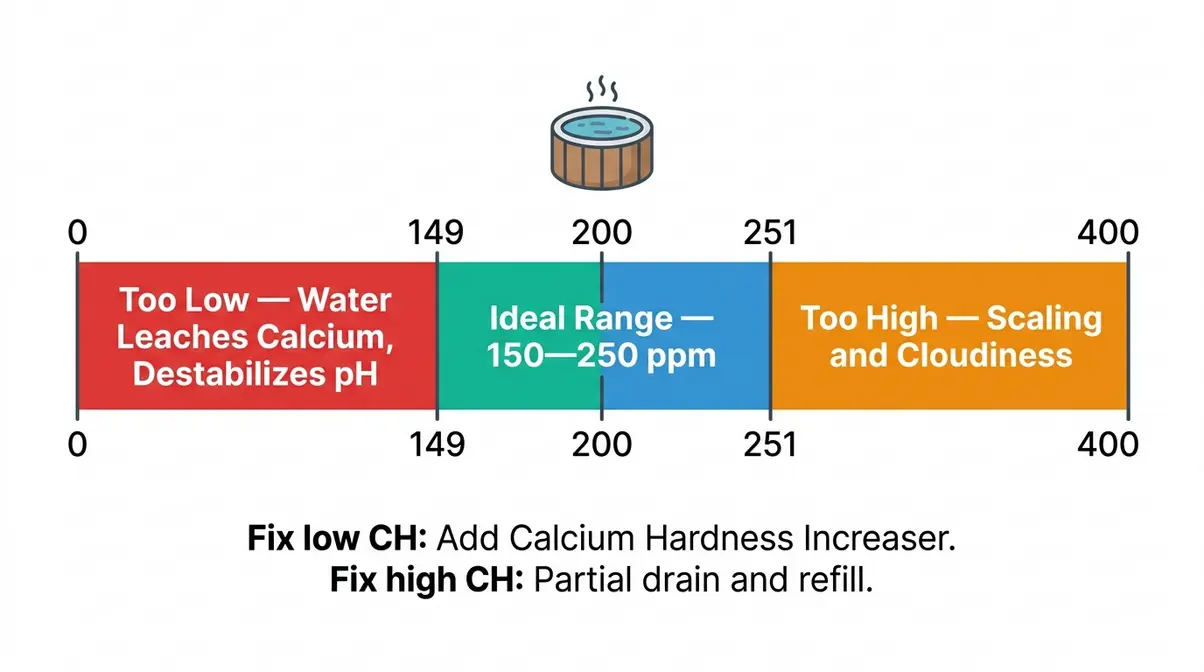 Calcium hardness gauge for hot tubs showing ideal range of 150 to 250 ppm and effects of low or high levels