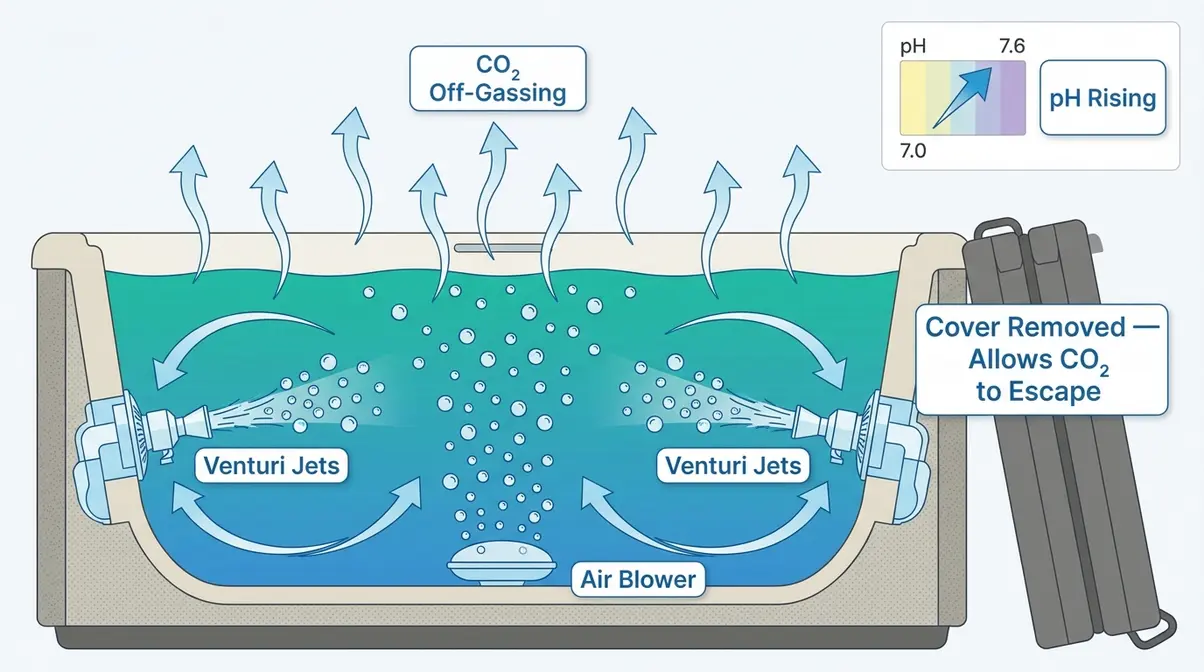 Diagram of aeration raising hot tub pH by releasing dissolved CO₂ through jets and blowers
