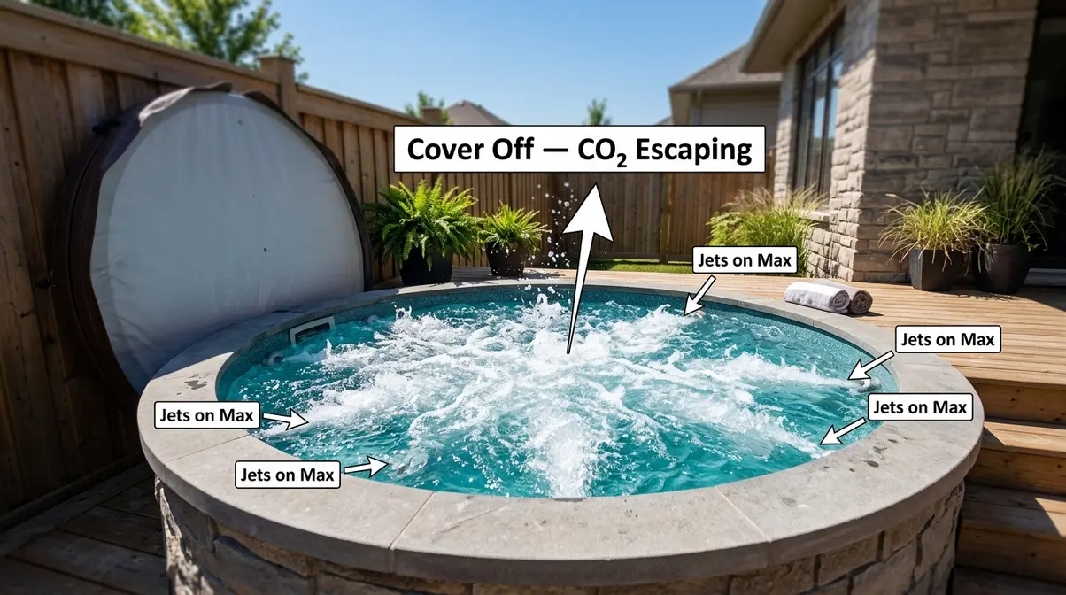 Hot tub jets running at maximum with cover removed for aeration method to raise pH naturally