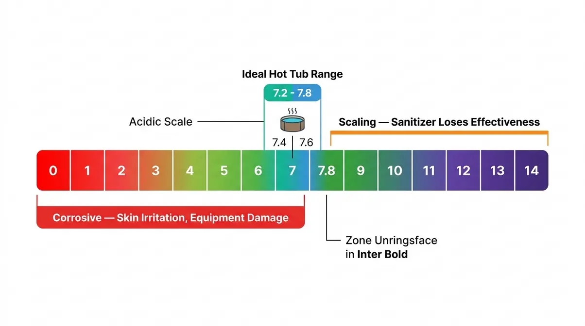 Hot tub pH scale diagram showing ideal range of 7.2 to 7.8 and effects of low or high pH