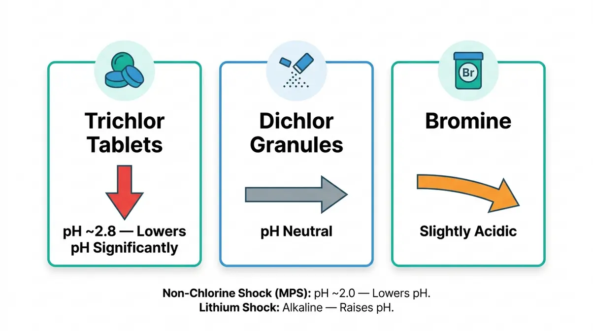 Hot tub sanitizer types and their effect on pH — trichlor lowers pH, dichlor is neutral, bromine slightly acidic