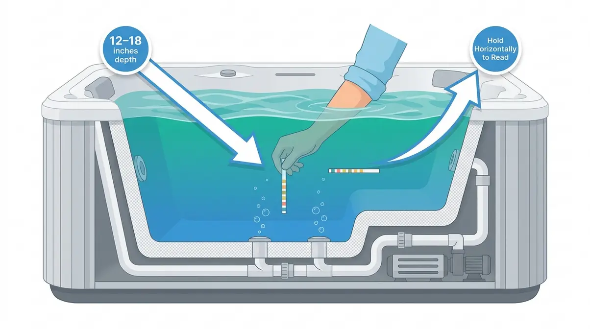 Correct technique for testing hot tub pH and alkalinity with test strips at proper depth