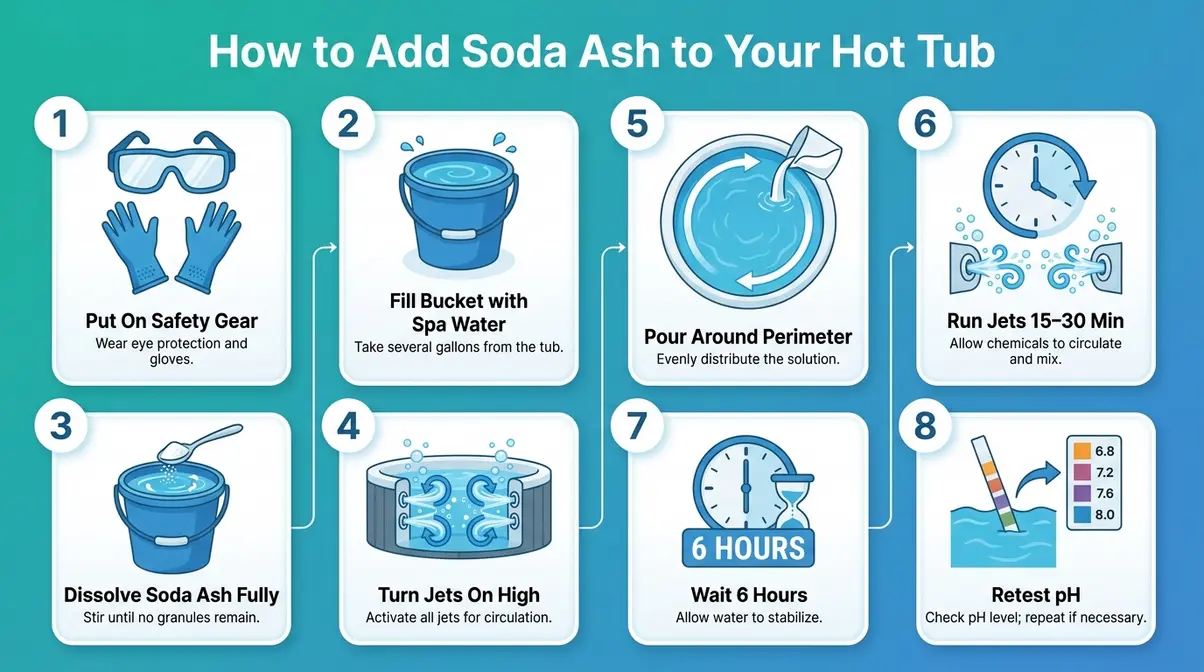 Eight-step infographic for adding soda ash to raise hot tub pH with pre-dissolving technique