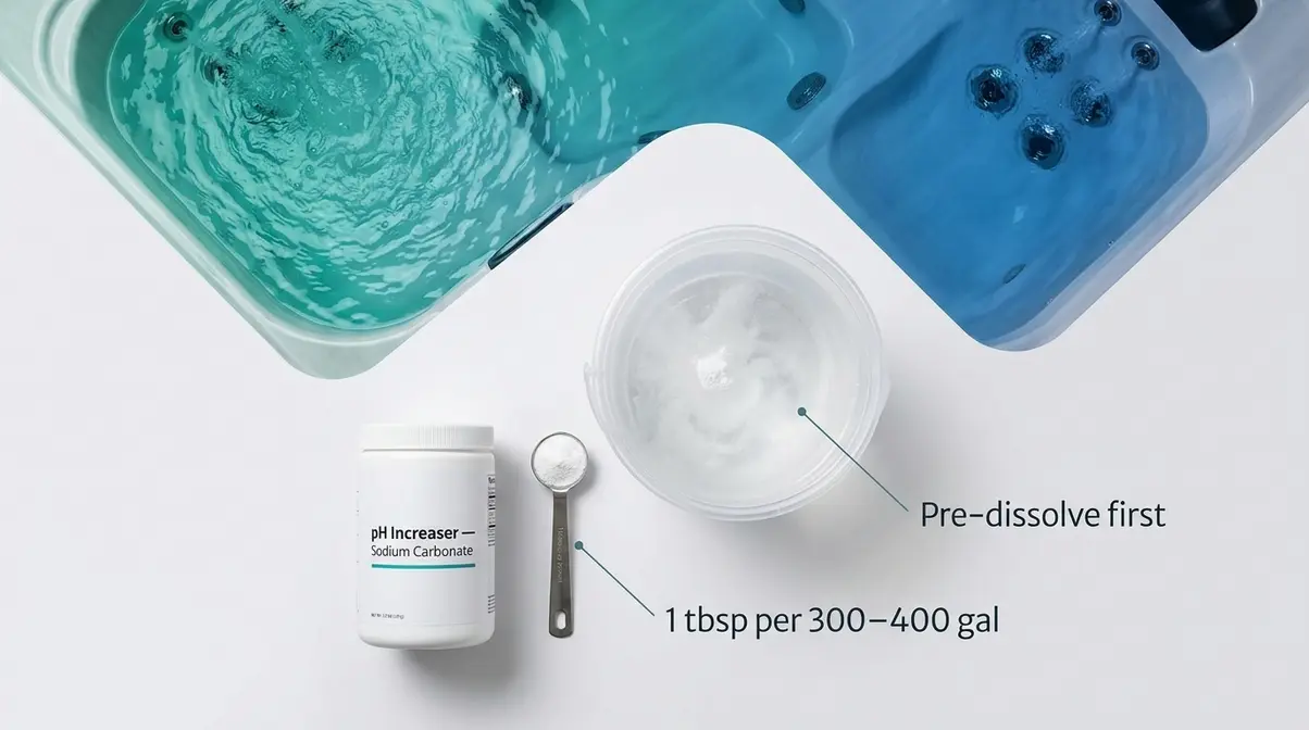 Soda ash pH increaser measured into tablespoon with pre-dissolving bucket for hot tub pH adjustment