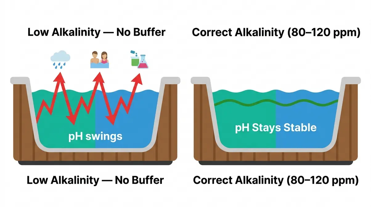 Illustration comparing low alkalinity causing pH swings versus correct alkalinity keeping hot tub pH stable