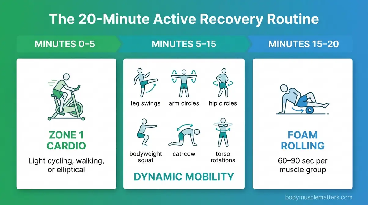 20-minute active recovery routine diagram showing Zone 1 cardio, dynamic mobility, and foam rolling phases for sore muscles