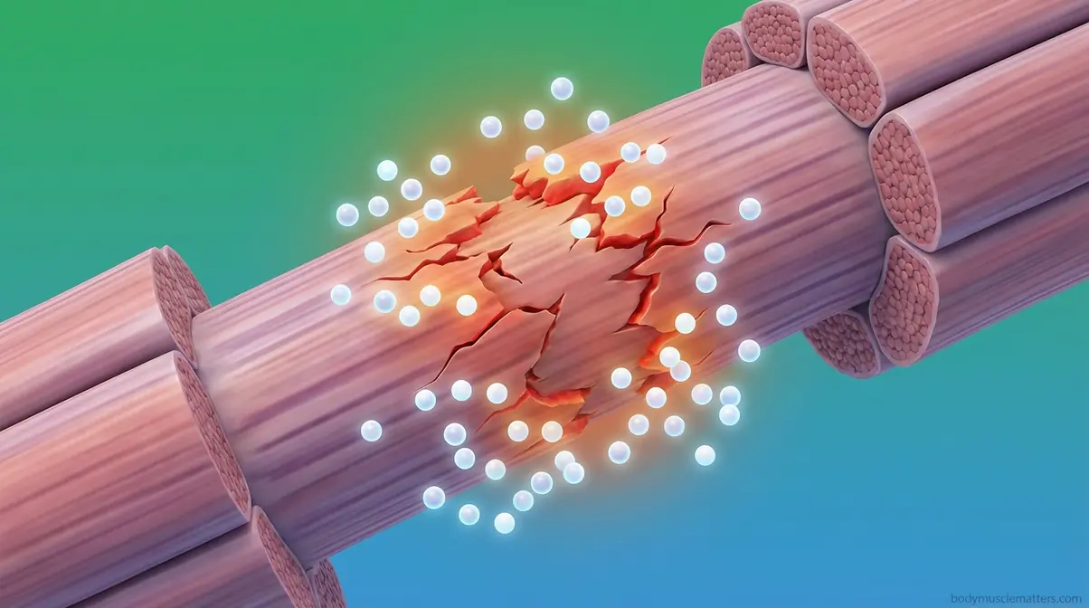 Scientific illustration of muscle fiber micro-tears causing DOMS delayed onset muscle soreness and inflammation
